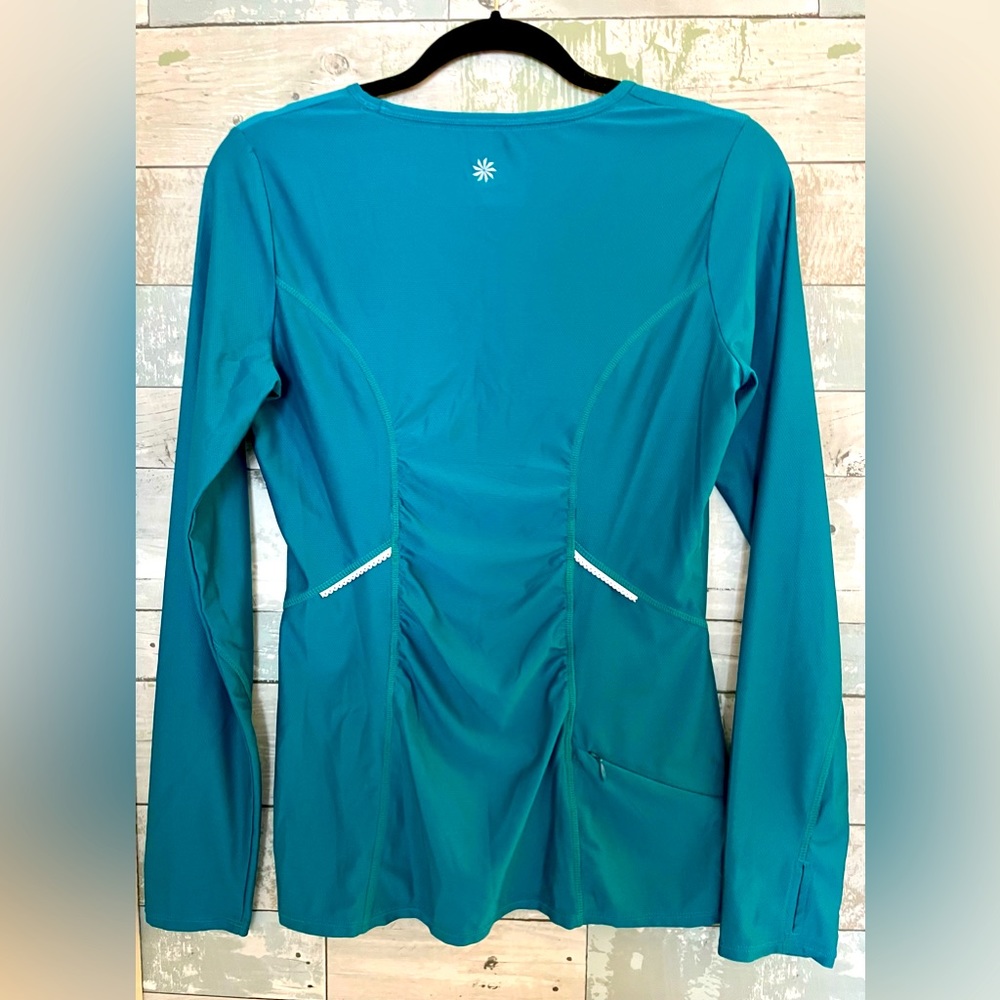 ATHLETA Teal Wildly Wick It  Running/Yoga Long Sleeve Ruched Side Top Shirt Sz M